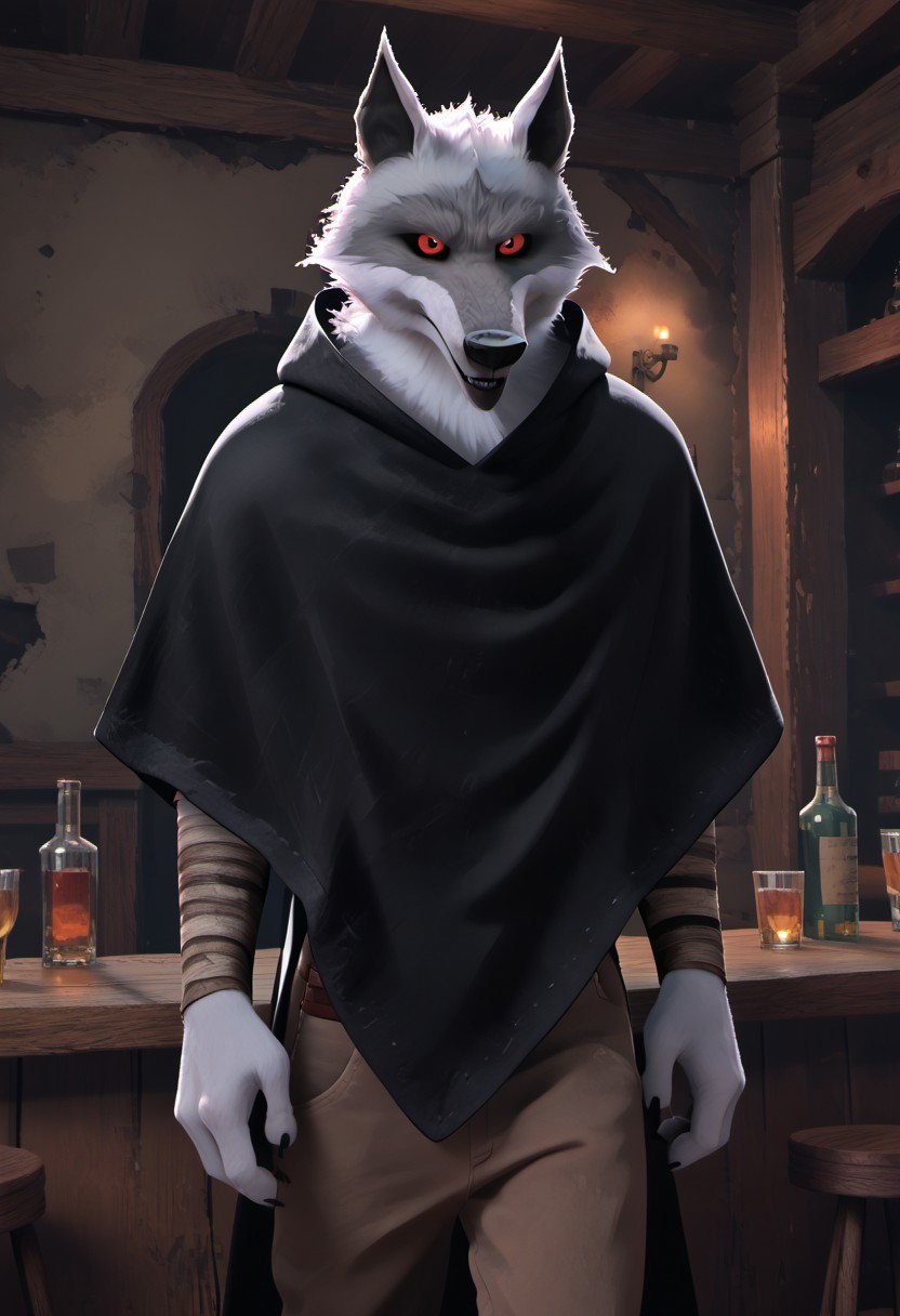 score_9_up, score_8_up, score_7_up, masterpiece, best quality, amazing quality, very aesthetic, absurdres, newest,  high quality, detailed, male, solo male, DeathWolf, 1boy, mature male, male, athletic build, anthro, wolf, white fur, animal ears, red eyes, black sclera, black cloak, bandages on arms, looking at viewer, grinning, indoors, bar (place), dual wield, dark theme, eye shine, standing, brown pants, holding sickles, hands down by sides, horror (theme)