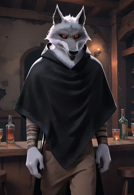 score_9_up, score_8_up, score_7_up, masterpiece, best quality, amazing quality, very aesthetic, absurdres, newest,  high quality, detailed, male, solo male, DeathWolf, 1boy, mature male, male, athletic build, anthro, wolf, white fur, animal ears, red eyes, black sclera, black cloak, bandages on arms, looking at viewer, grinning, indoors, bar (place), dual wield, dark theme, eye shine, standing, brown pants, holding sickles, hands down by sides, horror (theme)