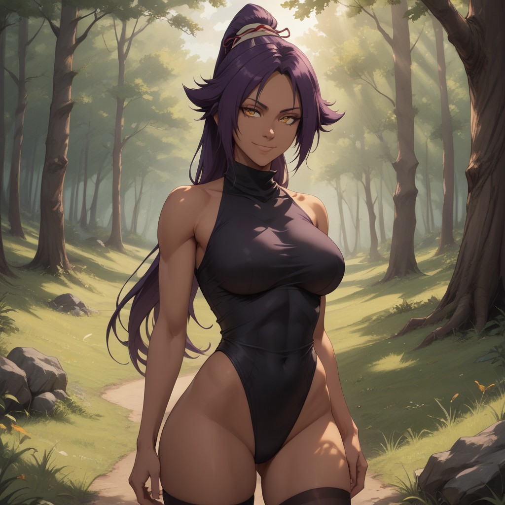 score_9, score_8, BREAK, solo, shihouin yoruichi, 1girl, golden eyes, long hair, purple hair, bangs, ponytail, black leotard, black thighhighs, large breasts, masterpiece, bleach, sexy pose, self portrait, smile, outdoors, sunlight, shadows, evening lighting, natural lighting, forest, trees, grass, orange sky, sunset