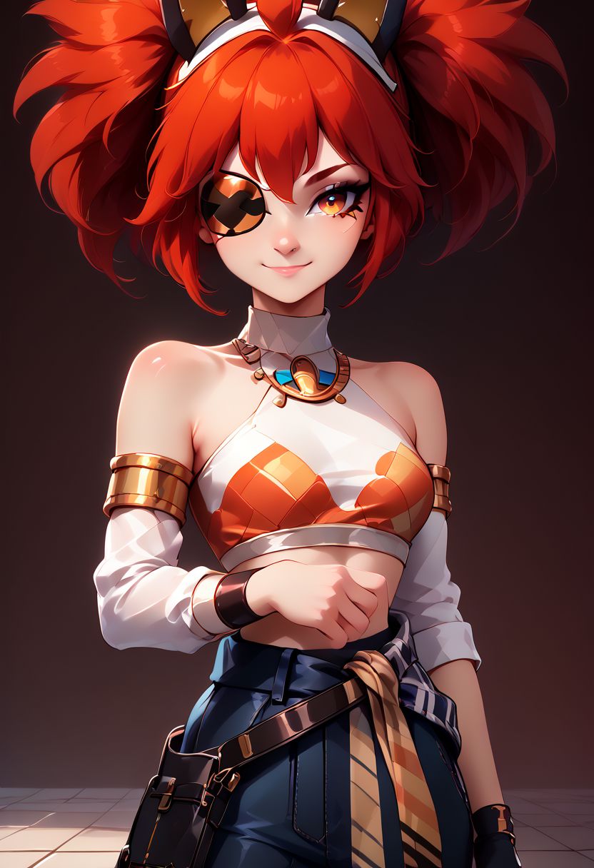 score_9, score_8_up, score_8, medium breasts, (curvy), cute, eyelashes,     
BREAK,
koleda belobog, eyepatch, red eyes, red hair, twintails, fake animal ears, 
zzEgyptian, usekh collar, gold trim, jewelry, gold, eye of horus, pharaoh's headdress, armlet, zzAnkha, armlet, backlighting, bare shoulders, belt, closed mouth, daniel deng, 
bare shoulders, single elbow glove, flame print, midriff, white jumpsuit, jumpsuit around waist, fingerless gloves,
BREAK,
 closed mouth, alternate costume, smile, nail polish, looking at viewer, hand up, collared shirt, blush, sweater, black skirt, black nails, eyelashes, long sleeves, sleeves past wrists, plaid skirt, shoulder bag, black bag, blurry, tile floor, pleated skirt, white shirt,
zPDXL,
zPDXL, Expressiveh