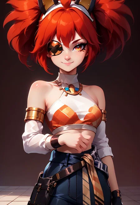 score_9, score_8_up, score_8, medium breasts, (curvy), cute, eyelashes,
BREAK,
koleda belobog, eyepatch, red eyes, red hair, twintails, fake animal ears,
zzEgyptian, usekh collar, gold trim, jewelry, gold, eye of horus, pharaoh's headdress, armlet, zzAnkha, armlet, backlighting, bare shoulders, belt, closed mouth, daniel deng,
bare shoulders, single elbow glove, flame print, midriff, white jumpsuit, jumpsuit around waist, fingerless gloves,
BREAK,
closed mouth, alternate costume, smile, nail polish, looking at viewer, hand up, collared shirt, blush, sweater, black skirt, black nails, eyelashes, long sleeves, sleeves past wrists, plaid skirt, shoulder bag, black bag, blurry, tile floor, pleated skirt, white shirt,
zPDXL,
zPDXL, Expressiveh