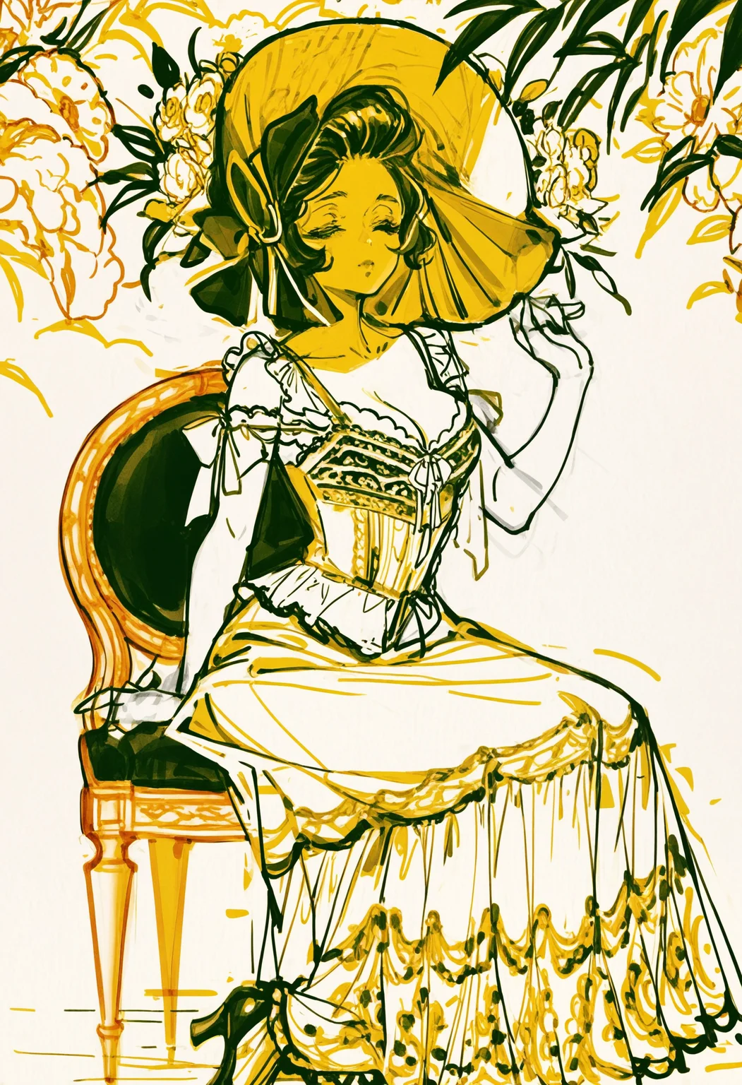 1girl, solo, dress, sitting, chair, hat, flower, monochrome, gown, high heels, breasts, cleavage, bonnet, sketch, medium breasts, sun hat, one eye closed, BREAK,highres,absurdres,masterpiece,newest,best quality,Visual impact,very awa,very aesthetic,amazing quality