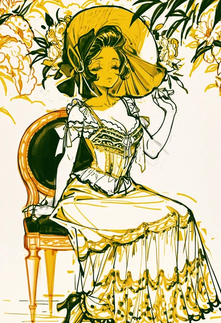 1girl, solo, dress, sitting, chair, hat, flower, monochrome, gown, high heels, breasts, cleavage, bonnet, sketch, medium breasts, sun hat, one eye closed, BREAK,highres,absurdres,masterpiece,newest,best quality,Visual impact,very awa,very aesthetic,amazing quality