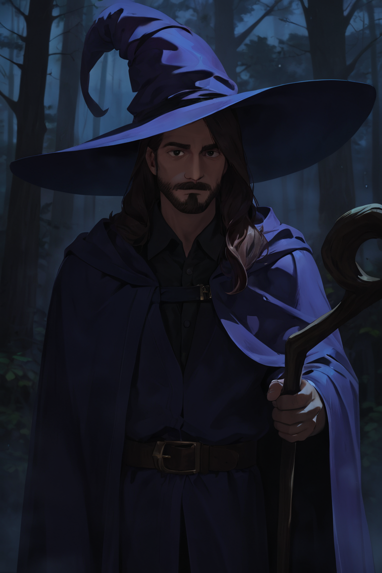 masterpiece, best quality, highres, newest, low light, dark, 1boy, solo, male focus, mature male, wizard, long hair, brown hair, black eyes, looking at viewer, hat, facial hair, beard, mustache, staff, wizard hat, purple hat, black shirt, collared shirt, robe, purple robe, hooded cloak, holding, holding staff, upper body, closed mouth, standing, outdoors, forest, nature, tree, fog, dark background <lora:Summer Nights [LoRA] - NoobAI-XL EPS 1.0:0.8>
