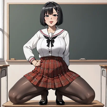 Chinese girl, cute, black hair, bob cut, flower clip, sticking out her tongue, slanted eyes, black eyes, sailor uniform, black bow, short scarlet shirt, short scarlet plaid skirt, pantyhose, big breasts, average ass, classroom, full body