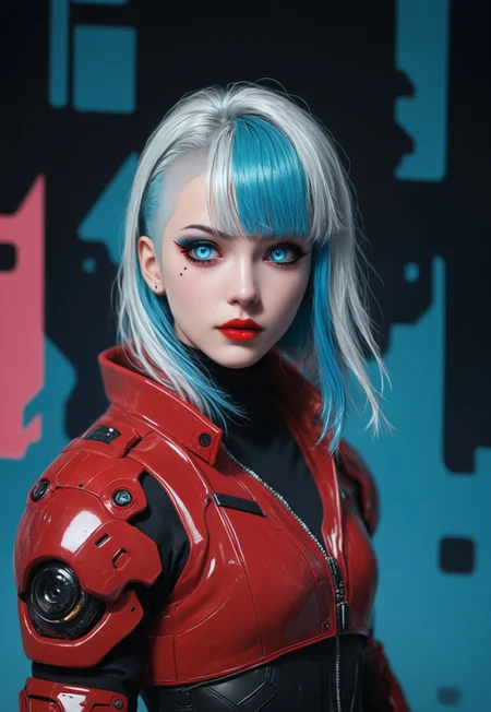 masterpiece, best quality, highly detailed, score_9, score_8_up, score_7_up, Expressiveh,
silhouette art, animeanime image of a robotic cyberpunk female warrior, long multicoloured hair (platinum with red and blue highlights or streaks), bangs, dark eyeshadow, red lips, chrome and red armour, silhouetted, chiascuro, glowing eyes, abstract dark cyberpunk background
<lora:Dynamic Poses:1>
<lora:detailed_notrigger:1>
(((full clothed))),