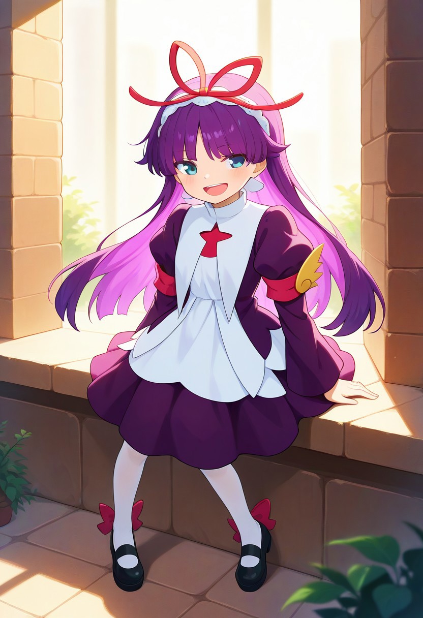 <lora:PFeli_SDXL_Illustrious01_fp16_ver01:1>,PFeli, 1girl, long hair,purple hair, pantyhose, dress,red ribbon, blue eyes, black footwear,long sleeves, red bow,hairband, smile,open mouth,close eyes,, masterpiece, best quality, very aesthetic, absurdres,<lora:detailed_hands:1>,hand