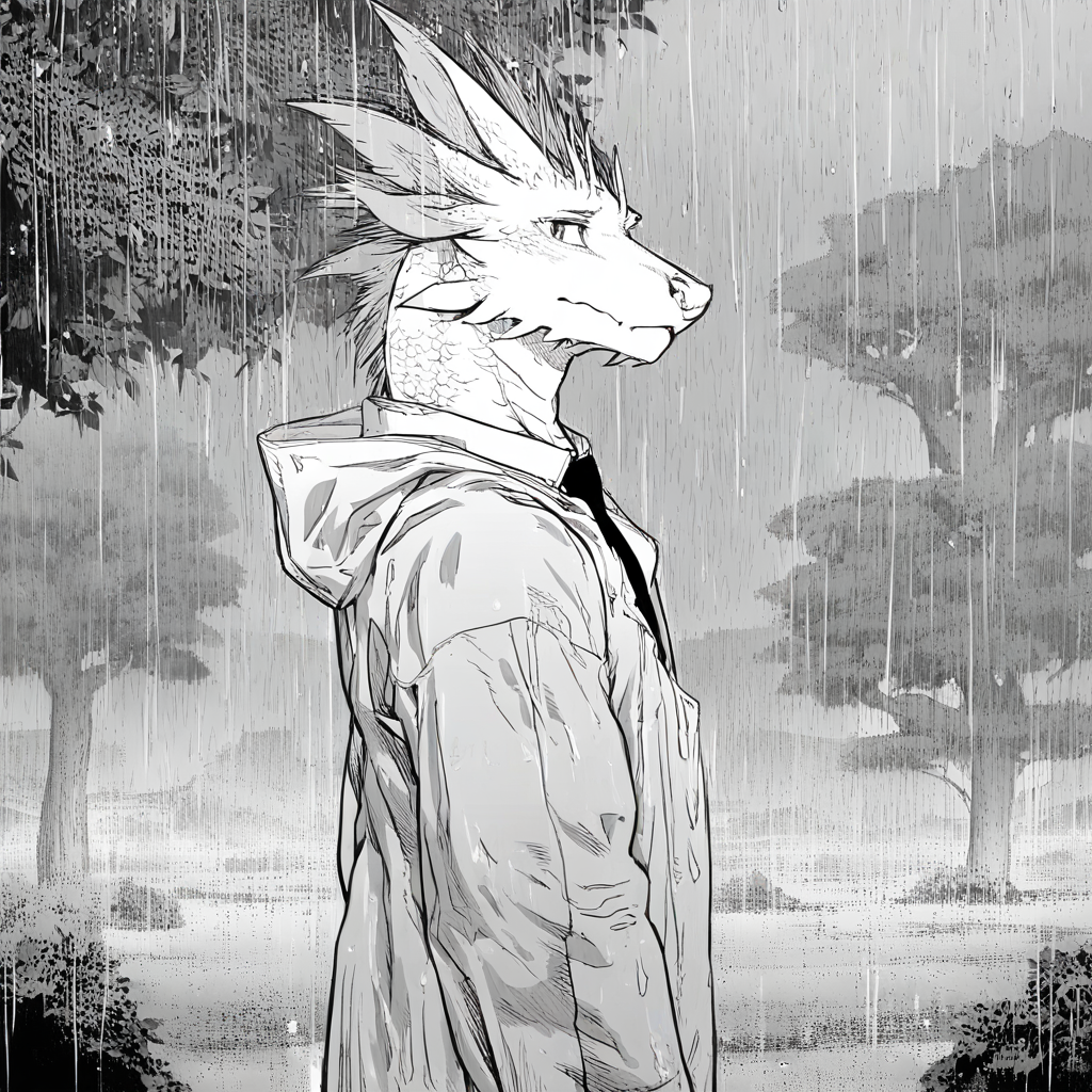 raining,wind,windy,arms open,rain drop,tree,scenery,landscape,from side,raincoat,
<lora:MIZUTSUNE-ILL-ADAM-V3:0.9>,mizu,dragon boy,(1boy:1.3),furry,(solo:1.2),yellow nose,shirt,looking at viewer,necktie,
masterpiece,best quality,amazing quality,very aesthetic,highres,absurdres,<lora:ftstyle-noob05-v2:0.9>,ftstyle,monochrome,greyscale,