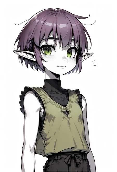 Lapanya, 1 person, solo, pointy ears, ((snout nose)), flat chest, short stature, skinny arms, ((hazel irises)), fair skin, ((dark lilac hair)), short hair, tomboy haircut, small nostrils, 3 fingers 1 thumb ((Sleeveless green vest, fitted black undershirt, black pantaloons, fully clothed)), forest background,  
Lineart, clean lines, up close, upper body focus, highly detailed face, high quality, best quality,  score: 9, score: 8 up, rating: safe