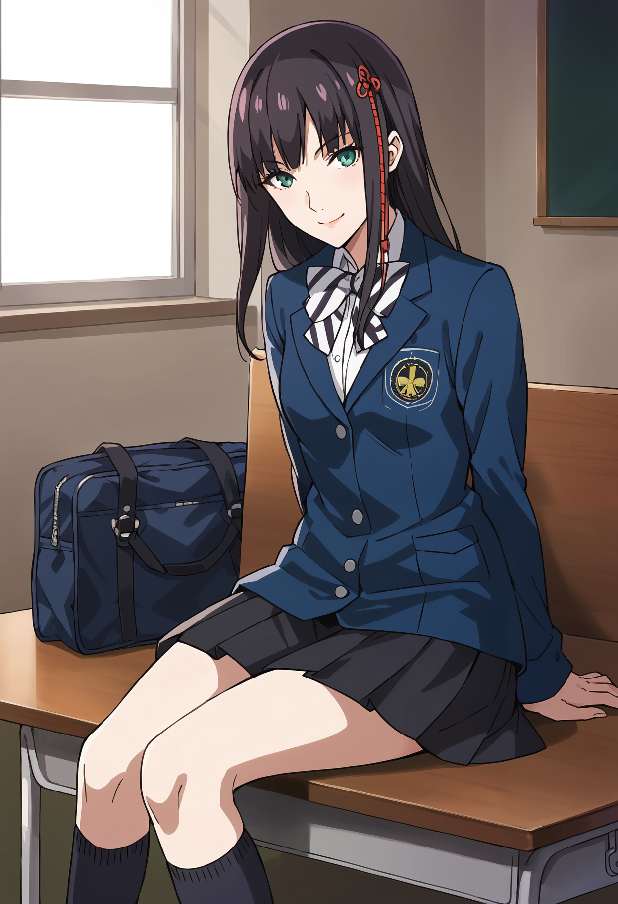 1 girl, solo, cute face,
defHifumi, p5hifumi, black hair, bangs, green eyes, long hair, hair ornament,
p5hifumi-uni, school uniform, jacket, bowtie, striped bow, pleated skirt, black skirt,
classroom, sitting, arms behind back, thighs, looking at viewer, smile,
masterpiece, best quality, ultra detailed,