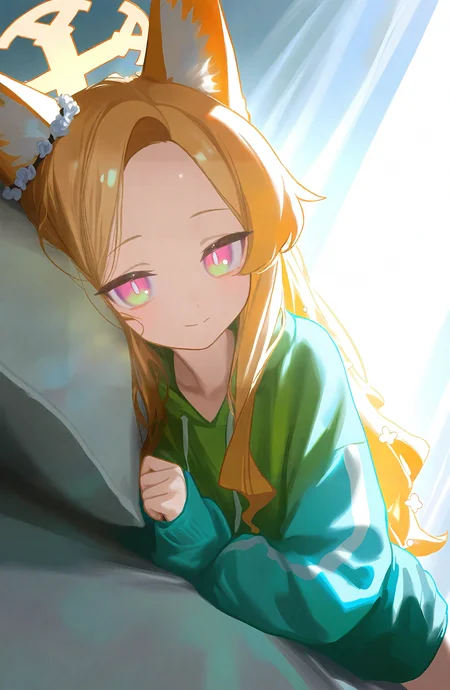 seia_\(blue_archive\), 1girl, solo, long_hair, looking_at_viewer, smile, blonde_hair, long_sleeves, animal_ears, closed_mouth, yellow_eyes, lying, alternate_costume, hair_flower, halo, animal_ear_fluff, parted_bangs, sleeves_past_wrists, pillow, fox_ears, on_side, forehead, sleeves_past_fingers, multicolored_eyes, yellow_halo, gradient_eyes