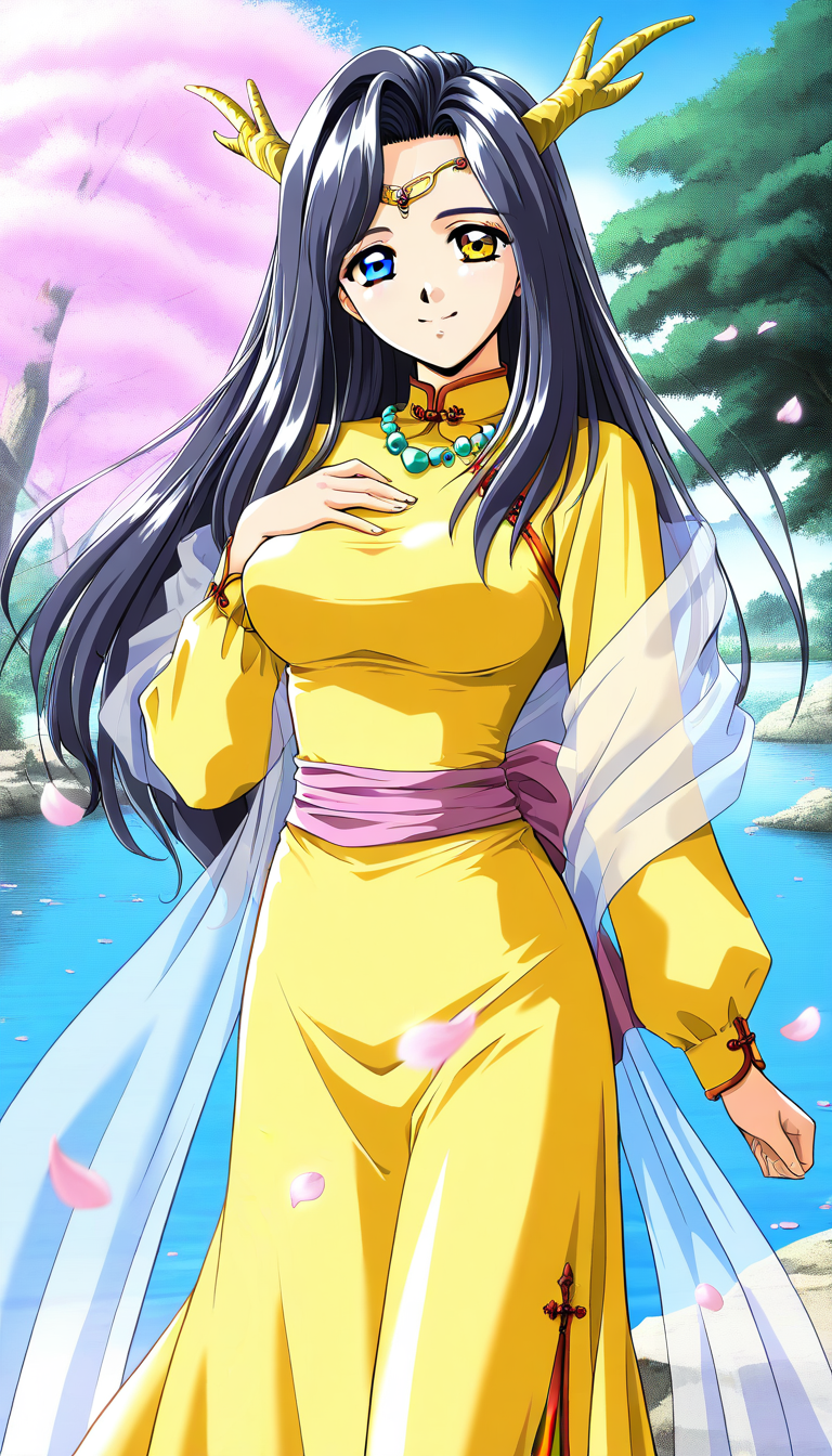 masterpiece, best quality, good quality,  <lora:Nami_Koihime_IS:1>Nami_Koihime, long hair, breasts, black hair, medium breasts,blue eyes, large breasts, 1990s (style), foreheadã
1girl, solo, yellow eyes, horns, 1990s (style), outdoors, retro artstyle, necklace, day, shawl, dress, jewelry, long sleeves, standing, tree, looking at viewer, hand on own chest, water, blue hair, yellow dress, circlet, petals, robe, smile, purple hair, chinese clothes, see-through, sash, dragon girl