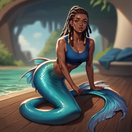 (((detailed, beautiful, high quality))), score_9, score_8_up, score_7_up, full body,
merfolk, mermaid tail, scales,
1girl, dark skin, brown dreadlocks, long hair, blue ponytail, dark brown eyes, blue top,
looking at the viewer, posing, blurred background, blurred fantasy background,