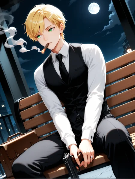 masterpiece, very aesthetic, best quality, solo, dynamic angle, amazing quality, 25 years old, masculine, fit body, male, imtdfelixfathom, 1boy, blonde hair, vest, short hair, shirt, necktie, green eyes, black vest, white shirt, long sleeves, pants, formal, black necktie, collared shirt, waistcoat, swept bangs, ring, cowboy shot, sitting, legs apart, gun in one hand, holding gun between legs, looking to the side, cigar in mouth, smoke coming out of cigar, sitting on a bench, briefcase on the bench, in the middle of a square, dark square, at night, moon, detailed background, expressionless

