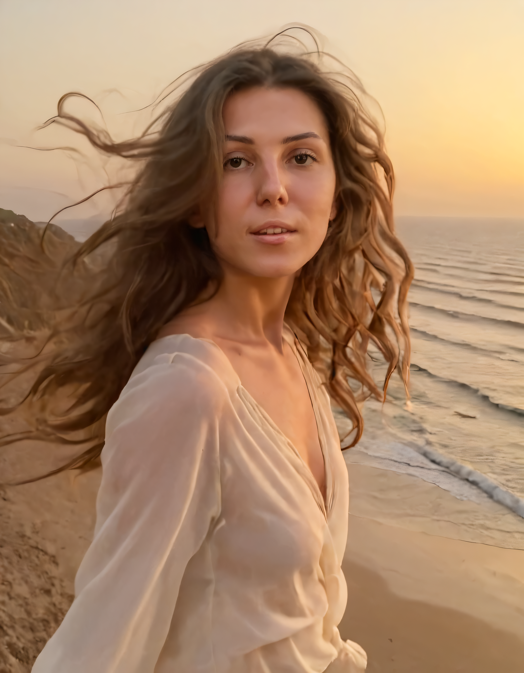 As the sun dips below the horizon, painting the sky with golden hues, Rony with her brown-eyed gaze, long, wavy brown hair cascading freely and clad in an elegantly casual outfit, gracefully poses atop the windy beach while the coastal landscape breathtakingly unfurls beneath her, all captured in a stunning, sweeping aerial shot from above. <lora:luglut18f93072a91w2d1:1>