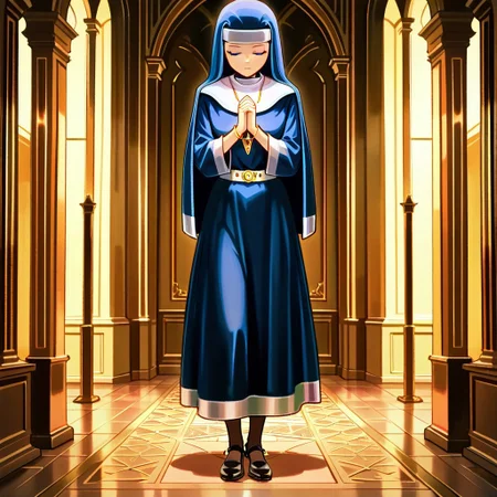 masterpiece, best quality, amazing quality, very aesthetic, absurdres, newest, fayeffl3, 1girl, long blue habit, gold necklace, gold bracelets, blue eyes, white belt, black pump shoes, pantyhose, standing, full body, praying, eyes closed, solo