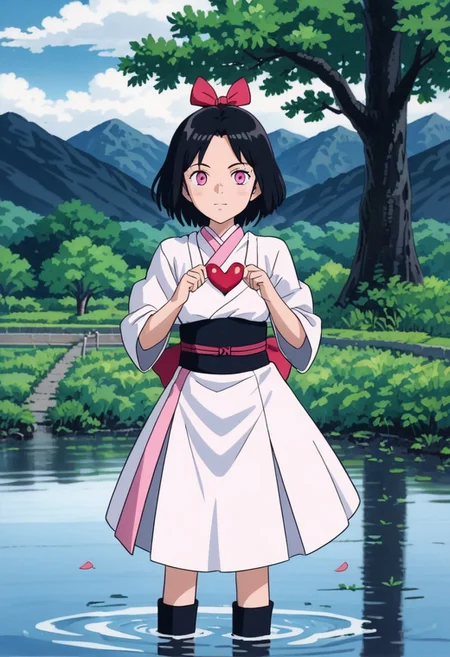 An illustration of a black-haired woman with pink eyes dressed in a traditional Japanese Kyudo outfit. She is drawing a heart. She is holding a cupid with a heart. The background is a serene landscape with mountains, trees, and a body of water. GHBL