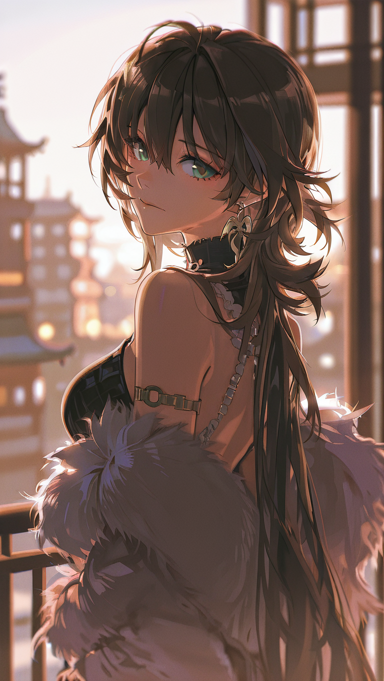1girl, backlighting, bangs, bare shoulders, black dress, black hair, blue eyes, blurry, blurry background, breasts, brown hair, closed mouth, dress, earrings, feather boa, from side, green eyes, hair between eyes, jewelry, long hair, looking at viewer, looking back, medium breasts, outdoors, railing, solo, upper body <lora:Vivid Vellum:1>