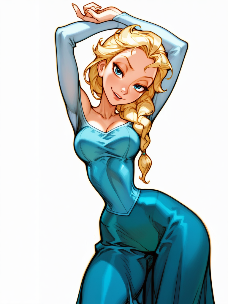 NishimuraXL,, white background, (sketch:1.1), narrow waist, wide hips, thick thighs,
1girl, medium breasts, narrow waist, wide hips, (ElsaXL:1.1), blonde hair, blue eyes, single braid, hair over shoulder, blue dress, bare shoulders, long sleeves, long skirt,
naughty face, dutch angle, naughty pose, looking at viewer, dynamic pose, cowboy shot, head tilt, from above, dutch angle, arms up,
 <lora:ElsaXL_Character:0.7> <lora:AKinuNishimura_Style-12:1.1>