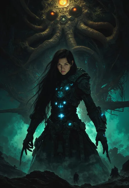 This is a digital artwork in a sci-fi, cyberpunk style, depicting a powerful, futuristic scene. The central figure is a young woman with long, dark hair and an athletic build, dressed in a sleek, black, high-tech suit adorned with metallic accents and a glowing, blue energy core on her chest. Her expression is determined and focused, with a hint of fear or awe. She stands confidently, her gloved hands on her hips, with a belt and various tools hanging from her waist, suggesting she's a skilled warrior or operative.
Behind her, a massive, octopus-like creature with glowing, orange eyes and numerous, tentacle-like appendages fills the upper part of the frame. The creature's tendrils wrap around and through the intricate, futuristic architecture, creating a sense of chaos and dominance. The background is a gradient of dark blue and teal, with glowing, ethereal light emanating from the creature and casting an eerie, otherworldly glow., vantablack