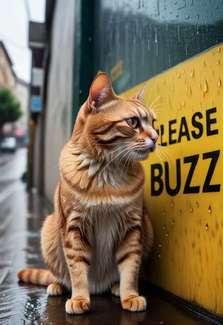 "Please drop some buzz", "Please drop some buzz", "Please drop some buzz", cat, board, text, big board with text,("Please drop some buzz":1.4), outdoors, poor, wall, (wet fur:1.1),(sad, tears from eyes), (crying:1.5), street, by wall holding board on his paws, (from above), low angle, 8k, ultra detailed, cinematic, rain, close-up