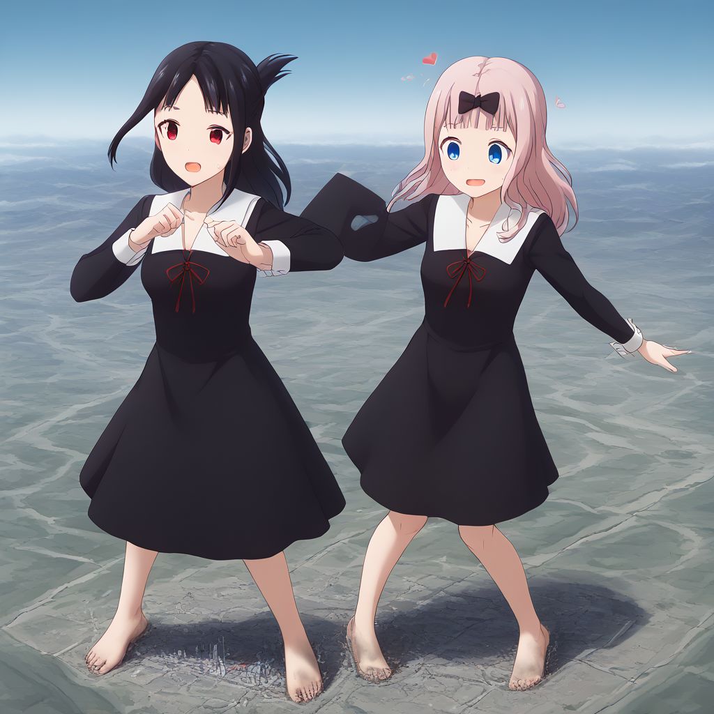 score_9, score_8_up, score_7_up, score_6_up, macro, giantess,( 2girls:1.5),
(chika fujiwara, long hair, bangs, blue eyes, bow, pink hair, hair bow, blunt bangs, black bow, long sleeves, dress, ribbon, school uniform, collarbone, black dress, sailor collar, white sailor collar, red ribbon, neck ribbon, shuuchiin academy school uniform, bare legs, barefoot, looking down:1.3),
(kaguya shinomiya, short hair, bangs, black hair, red eyes, hair ribbon, sidelocks, folded ponytail, parted bangs, long sleeves, dress, ribbon, school uniform, collarbone, black dress, sailor collar, white sailor collar, red ribbon, neck ribbon, shuuchiin academy school uniform, bare legs, barefoot:1.3)
(cute female, love:1.5), (shy:1.2), (curious:1.2), blushing, happy, laughing, 2girls, perfect feet, feet, looking down, long fingernails, long toenails, sweat, sweaty, very sweaty, (dirty feet, floating hearts:1.3), (dancing:1.3),
extreme detail, realistic, realism, masterpiece, perfect lighting, bloom, cinematic lighting, highres, (ultra realistic, 32k, masterpiece:1.2), (high detailed skin:1.1), (high quality:1.1), bokeh, luminescent background, foreshortening, depth of field,
sunny blue sky background, destruction, landscape dwarfing, cities, landscape, mass destruction, trail of destruction,
two giant girls, two giantesses trampling a tiny city