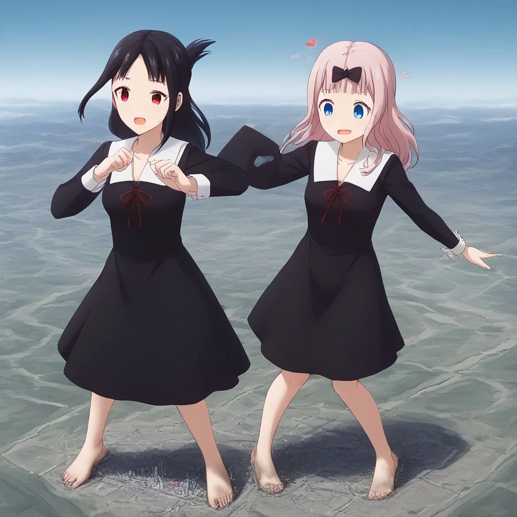 score_9, score_8_up, score_7_up, score_6_up, macro, giantess,( 2girls:1.5),
(chika fujiwara, long hair, bangs, blue eyes, bow, pink hair, hair bow, blunt bangs, black bow, long sleeves, dress, ribbon, school uniform, collarbone, black dress, sailor collar, white sailor collar, red ribbon, neck ribbon, shuuchiin academy school uniform, bare legs, barefoot, looking down:1.3),
(kaguya shinomiya, short hair, bangs, black hair, red eyes, hair ribbon, sidelocks, folded ponytail, parted bangs, long sleeves, dress, ribbon, school uniform, collarbone, black dress, sailor collar, white sailor collar, red ribbon, neck ribbon, shuuchiin academy school uniform, bare legs, barefoot:1.3)
(cute female, love:1.5), (shy:1.2), (curious:1.2), blushing, happy, laughing, 2girls, perfect feet, feet, looking down, long fingernails, long toenails, sweat, sweaty, very sweaty, (dirty feet, floating hearts:1.3), (dancing:1.3),
extreme detail, realistic, realism, masterpiece, perfect lighting, bloom, cinematic lighting, highres, (ultra realistic, 32k, masterpiece:1.2), (high detailed skin:1.1), (high quality:1.1), bokeh, luminescent background, foreshortening, depth of field,
sunny blue sky background, destruction, landscape dwarfing, cities, landscape, mass destruction, trail of destruction,
two giant girls, two giantesses trampling a tiny city