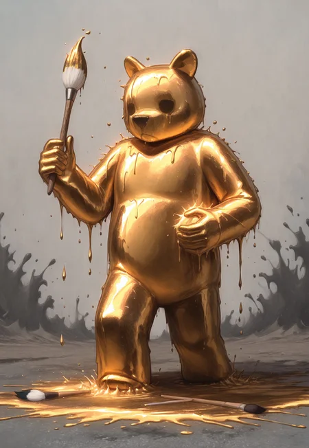 lukch, solo, full body, full composition, painterly, paint splashes, paint, paintbrush, 1boy, no humans, bear, grey body, dirty, gold body, masterpiece, best quality, very aesthetic, absurdres, safe
