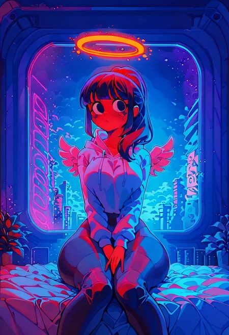 score_9,score_8_up,score_7_up,score_6_up, 1girl, 
 sitting in bed next to a large window, hands between thighs, wearing croptop hoodie, black croptop hoodie, long hair, black hair, blue strip in hair low ponytail hairstyle, angel, angelic girl, white wings, halo, glowing halo, black eyes, <lora:DetailedEyes_V3:1> <lora:add_detail:1>, pov from the side, sitting on the bed, hoodie, plants on the windowsill, looking out the window, looking away from viewer, background through window is vast space, galaxy background, wearing tights, leggings, black tights, thighs, night time, cyberpunk city view out of the window, neon light, purple neon lights, raining outside, heaving rain outside, girl is dry, no rain inside