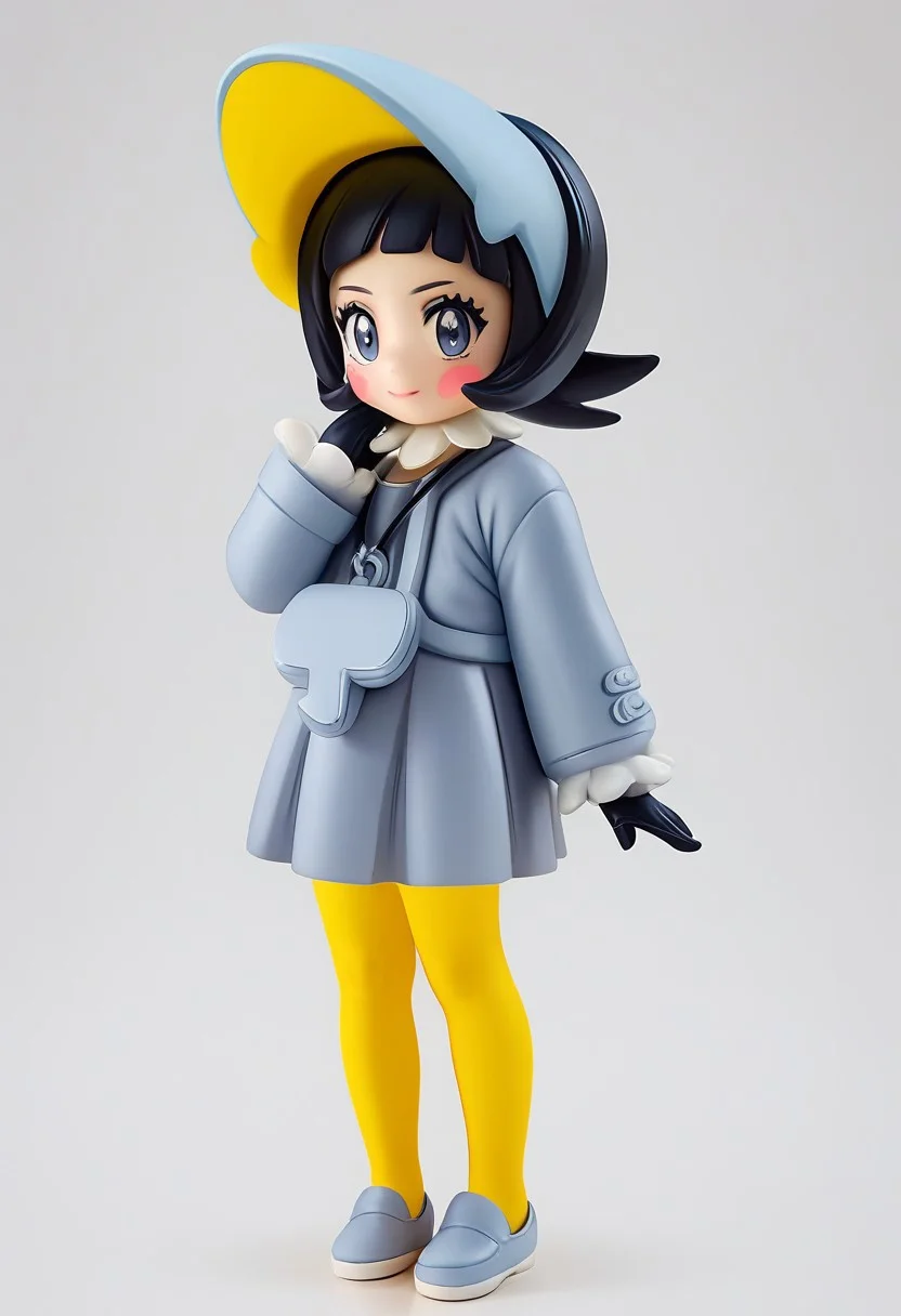 (score_9, score_8_up:1.1), score_7_up, (((realistic, photorealistic))), 1girl, solo, full body, figure,, three-quarter angle, dramatic angle, vivid lighting white trim, white background, flat ground, full body, ctianpoppy, grey eyes, blush stickers, grey dress, long sleeves, bonnet, yellow pantyhose, necklace, black gloves,
