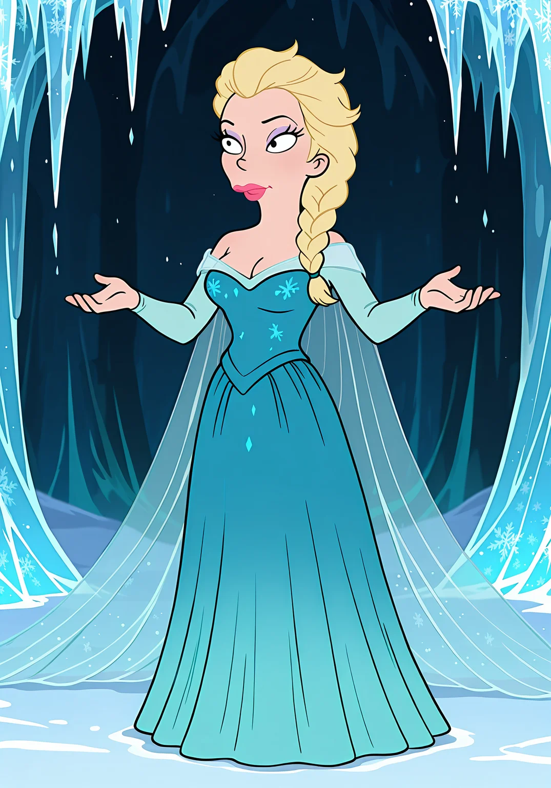 absurdres, 8k, high resolution, masterpiece, best quality, absolutely fantastic art, amazing quality, very aesthetic, <lora:futuramawomen>, futuramawomen, 1girl, solo, upper body, lipstick, black eyes, elsa, frozen, braid, full body, dress
