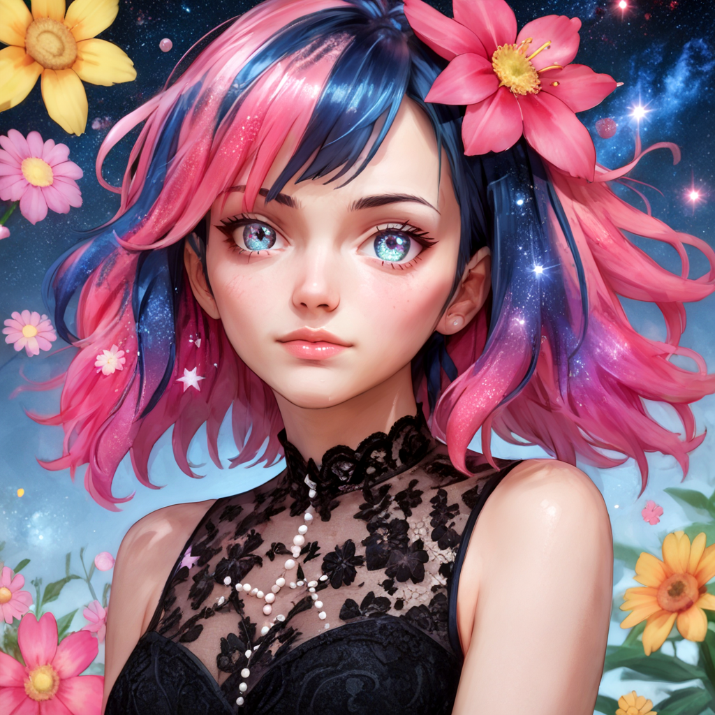 PonyXLV6_Scores: score_9,score_8_up,score_7_up,score_6_up,score_5_up,score_4_up,
solo,flower,(illustration),1girl,mixed-blood,stars in the eyes,messy floating hair,colored inner hair,Starry sky adorns hair,(colorful Bubble),(pearl),(Galaxy),depth of field,upper body,lace-trimmed dress,
 <lora:MomisanP:1>