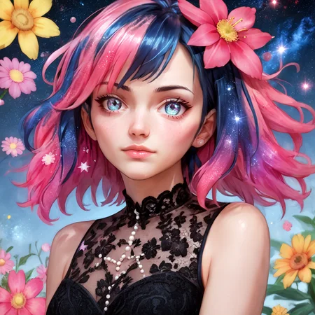PonyXLV6_Scores: score_9,score_8_up,score_7_up,score_6_up,score_5_up,score_4_up,
solo,flower,(illustration),1girl,mixed-blood,stars in the eyes,messy floating hair,colored inner hair,Starry sky adorns hair,(colorful Bubble),(pearl),(Galaxy),depth of field,upper body,lace-trimmed dress,
<lora:MomisanP:1>