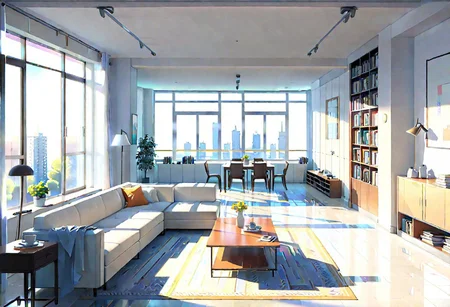 ((front view)), (Close-Up View), (Rule of Thirds), ((animation style)), A room with wide sides and narrow front and back, modern-style interior, with white walls, ((large windows)), a  study, Sofa, coffee table, bookcase, single wall, 
warm light morning sun, (((City high-rise building scenery))), (clear sky)