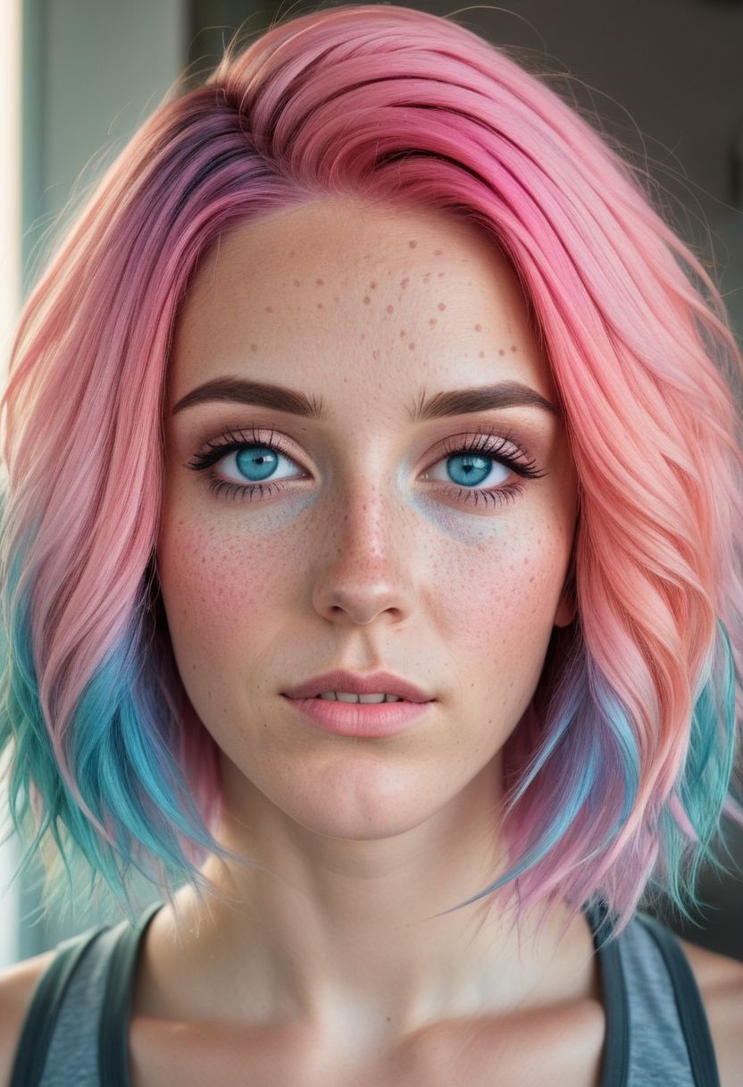 aszkstzz, 1girl, solo, multicolored hair, freckles, pink hair, makeup, blue eyes, gradient hair,  tank top, upper body, two-tone hair,  long hair, depth of field, eyeshadow, realistic, motherly, portrait, mature female, hyperdetailed photography, soft light,   cinematic angle, masterpiece, best quality ,
