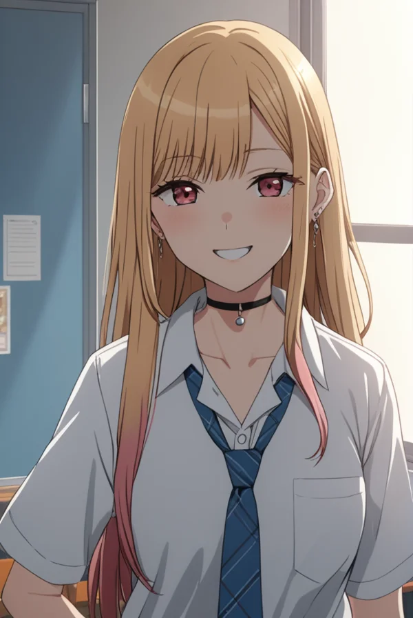 masterpiece, best quality, highres, 4k, 8k, intricate detail, cinematic lighting, amazing quality, amazing shading, soft lighting, Detailed Illustration, anime style,
marinkitagawa, <lora:marin-kitagawa-s1-sdxl-lora-nochekaiser:0.75>,
marin kitagawa, long hair, bangs, blonde hair, red eyes, multicolored hair, pink hair, smile,
skirt, shirt, jewelry, school uniform, white shirt, pleated skirt, earrings, necktie, choker, bracelet, blue skirt, plaid, black choker, plaid skirt, loafers, mini skirt,
indoors, classroom,
looking at viewer, cowboy shot,
