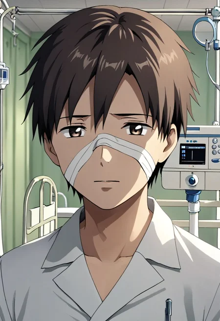 high resolution, solo, best quality, 1Boy, Takaki Toono, Brownish Hair, Brown Eyes, bandage, patient, hospital, OverallDetail