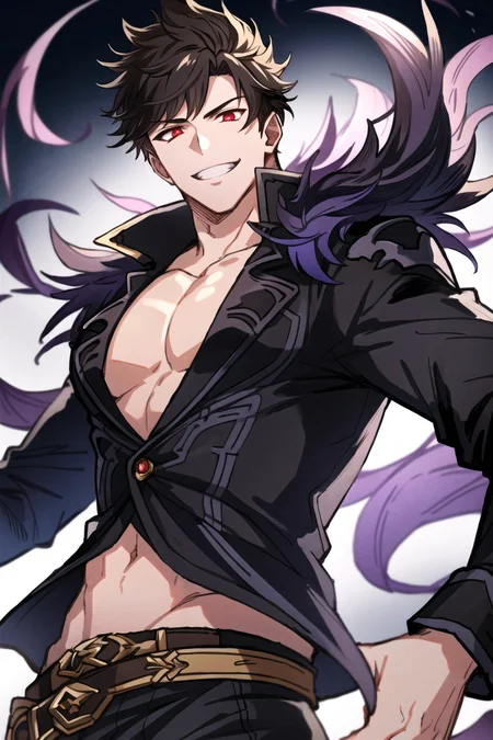 best quality, masterpiece, highres, belial \(granblue fantasy\), feather boa, 1boy, male focus, red eyes, black hair, solo, grin, glowing eye, black shirt, looking at viewer, belt, short hair, black pants, highly detailed <lora:belialGranblueFantasy_v1:0.6> <lora:husbandoLocon_v31:0.2>