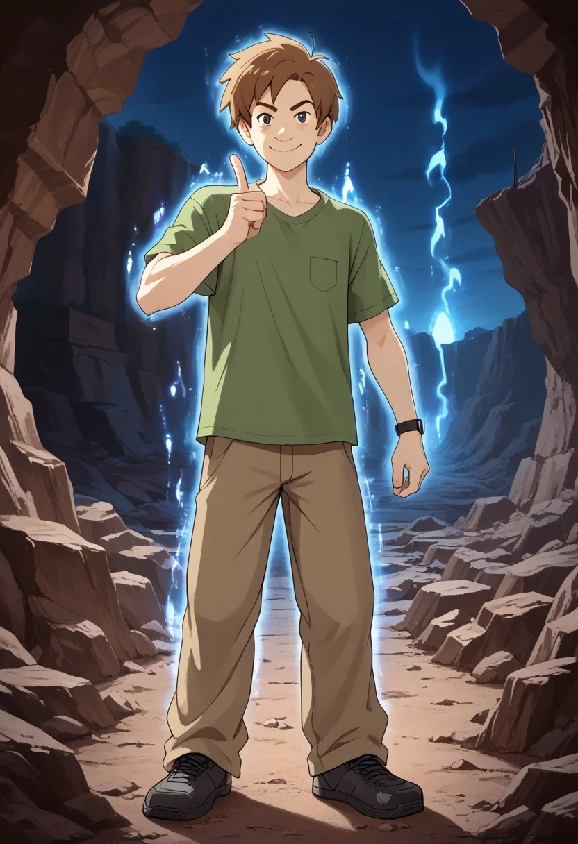 score_8, score_8_up, score_7_up, source_cartoon BREAK 1boy, solo, male focus, WhatsNewShaggy, (score_9, score_8_up), 1boy, green tee shirt, brown pants, UltraInstInctAura, aura, light particles, glowing skin, glowing clothes, smug, index finger raised, looking at viewer, pointing at viewer, standing, full body, badlands, canyon, rubble, dark sky, night