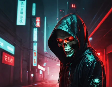 <lora:r0k00g00th:1>,r0k00g00th,r0kur3&l1tyHD. cyberpunk art,, a person with a hood on and a skull on their face and a red light coming out of the hood [2]