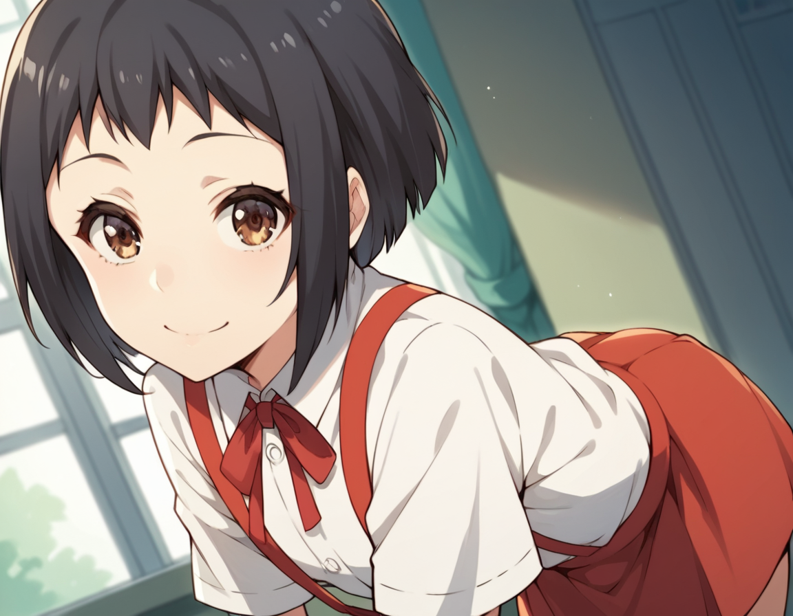 score_9, score_8_up, score_7_up, source_anime, <lora:hanako-hasegawa-ova-ponyxl-lora-nochekaiser:1>, hanako hasegawa, short hair, black hair, brown eyes,, skirt, shirt, ribbon, school uniform, white shirt, red ribbon, suspenders,, indoors, bent over, smile, looking at viewer, solo,, cowboy shot, dutch angle