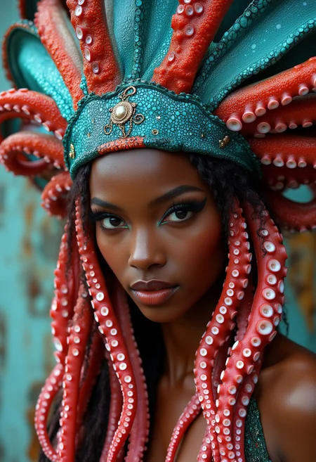 A beautiful, dark-skinned African woman with OctopusHat tentacle-like hair, wearing a teal and red octopus-skin headdress, in the style of hyper-realistic photography.
