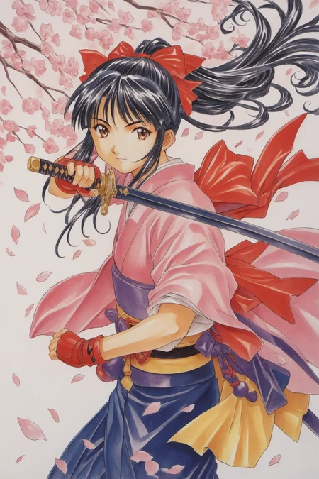 Shinguji Sakura,1girl,weapon,sword,solo,japanese clothes,gloves,bow,brown eyes,fingerless gloves,black hair,red bow,ponytail,katana,petals,long hair,hair bow,cherry blossoms,kimono,traditional media,score_9,score_8_up,<lora:Kosuke Fujishima_XL_PONY:0.9>,