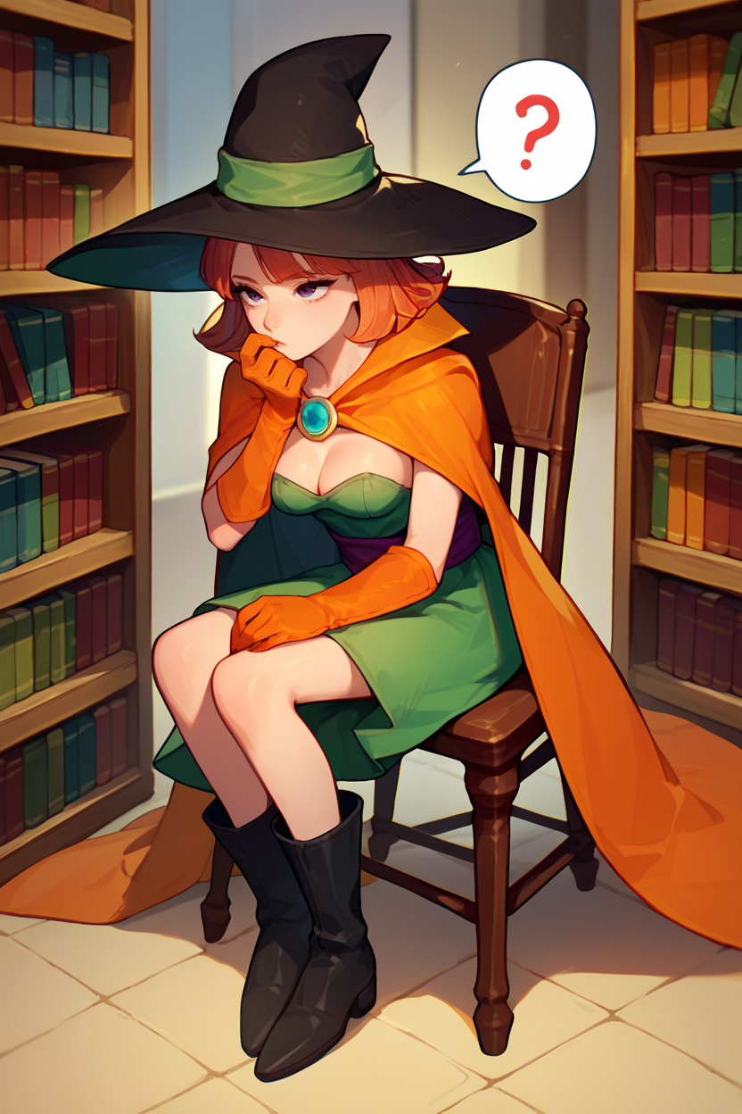 score_9, score_8_up, score_7_up, score_6_up, source_anime, BREAK 1girl, solo, <lora:dq3mage-pdxl-nvwls-v1-000005:1> dq3mage, orange hair, short hair, witch hat, orange cape, green dress, strapless, sash, orange gloves, black boots, cleavage, medium breasts, hand on own chin, stroking own chin, thinking, spoken question mark, looking up, sitting, library, bookshelf, chair, sitting in chair