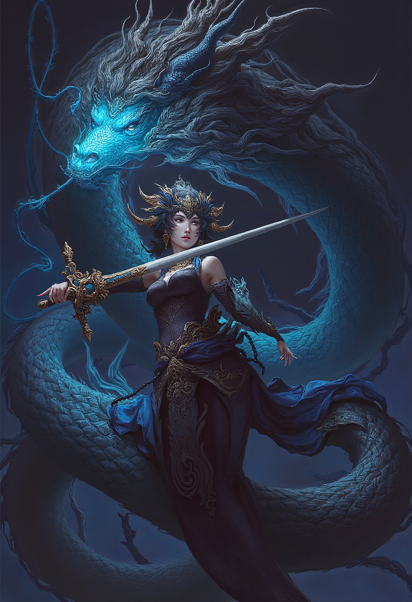 there is a woman with a dragon and a sword on a dark background, heise-lian yan fang, antasy character, 2. 5 d cgi anime fantasy artwork, cgsociety and fenghua zhong, dark fantasy female magician, complex fantasy character, medieval fantasy game art, anime fantasy artwork, dungeon and dragons art, dragon knight,