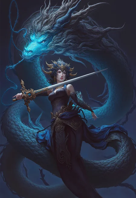 there is a woman with a dragon and a sword on a dark background, heise-lian yan fang, antasy character, 2. 5 d cgi anime fantasy artwork, cgsociety and fenghua zhong, dark fantasy female magician, complex fantasy character, medieval fantasy game art, anime fantasy artwork, dungeon and dragons art, dragon knight,