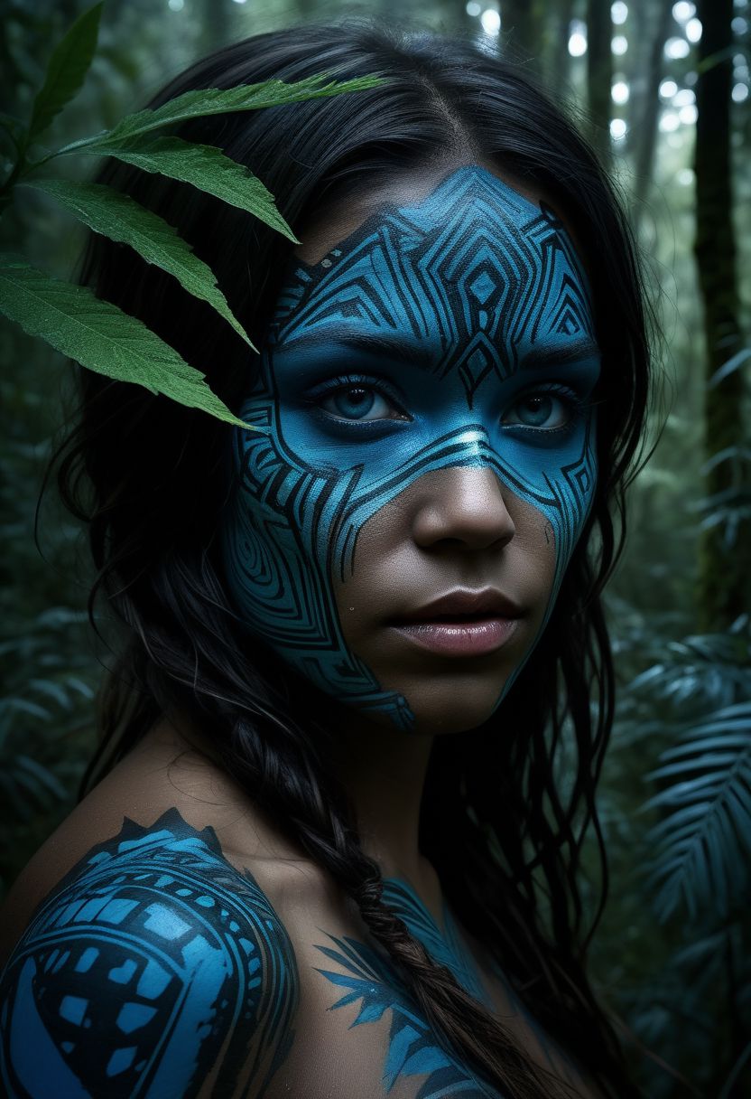 mysterious silhouette of a tribal woman, jungle, (blue warpaint over eyes only), goddess, alluring, by Minjae Lee, Carne Griffiths, Emily Kell, Steve McCurry, Geoffroy Thoorens, Aaron Horkey, Jordan Grimmer, Greg Rutkowski, amazing depth, double exposure, surreal, geometric patterns, intricately detailed, bokeh,  perfect balanced, deep fine borders, artistic photorealism , smooth,  great masterwork by head of prompt engineering   <lora:add-detail-xl:2>  <lora:Double_Exposure:0.5>