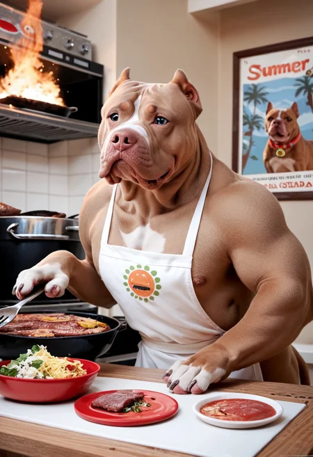 score_9, score_8_up, score_7_up, score_6_up, score_5_up, score_4_up, source_real, source_photo, pit_bull, bbq, fire, steaks, cooking, apron, summer day, poster, <lora:guard_dogs_pxl:1>