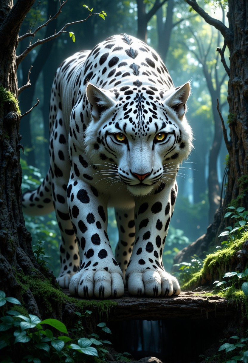 highly detailed, fantasy-inspired image of a hybrid snow leopard with polar owl head. Hybrid snow leopard with polar owl head with intricate details, standing on a bridge in a dense, mystical forest. The forest should have towering trees, dappled sunlight, and a lush, green undergrowth. Use dramatic lighting and atmospheric effects to create a sense of mystery and wonder. Focus on the intricate details of the creature's appearance and the natural beauty of the forest setting, cinematic, bokeh, depth of field