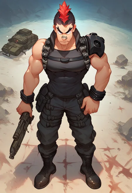score_9, score_8_up, score_7_up,
kinagase_tsumugu, bandaid on nose, red mohawk, forked eyebrows, bara, guerrilla outfit, black outfit, tactical gear, black armbands, sleeveless shirt, belts, chest harness, tactical harness, left pauldron, shoulder pad, combat boots, kill la kill